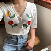 Sweet V-Neck Flowers Embroidered Shirts